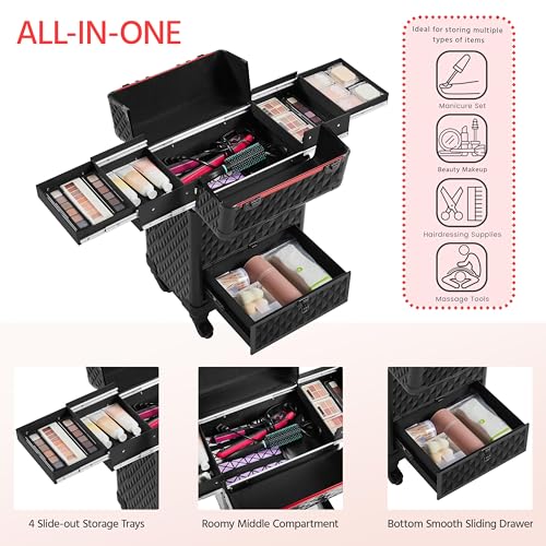 Yaheetech Rolling Makeup Train Case Aluminum Cosmetic Case with Wheels Barber Case Salon Lockable Travel Trolley with Sliding Drawers Removable Divider, Black/Red - Image 4