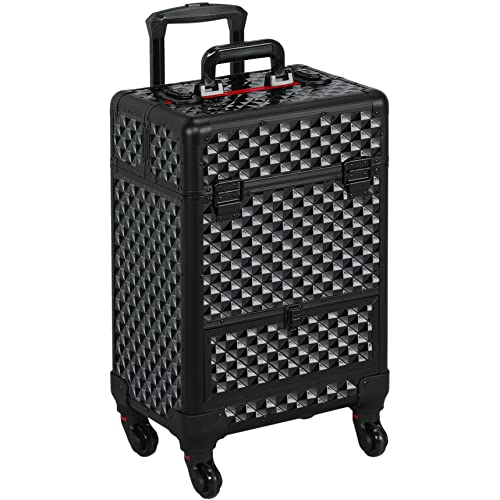 Yaheetech Rolling Makeup Train Case Aluminum Cosmetic Case with Wheels Barber Case Salon Lockable Travel Trolley with Sliding Drawers Removable Divider, Black/Red - Image 1