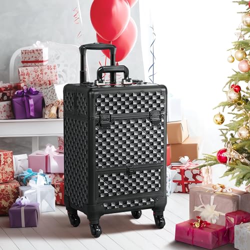 Yaheetech Rolling Makeup Train Case Aluminum Cosmetic Case with Wheels Barber Case Salon Lockable Travel Trolley with Sliding Drawers Removable Divider, Black/Red - Image 2