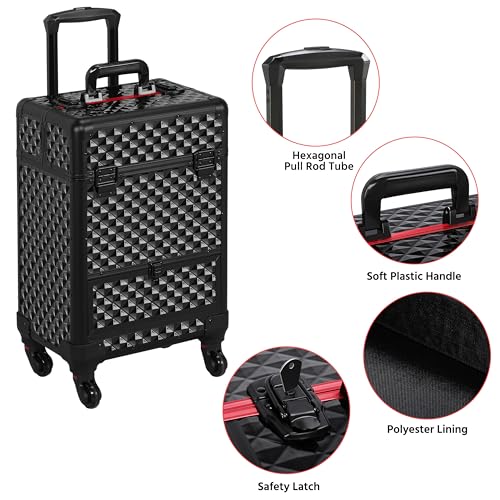 Yaheetech Rolling Makeup Train Case Aluminum Cosmetic Case with Wheels Barber Case Salon Lockable Travel Trolley with Sliding Drawers Removable Divider, Black/Red - Image 5