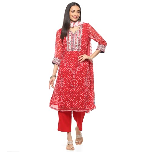 BIBA Women Polyester PRINTED STRAIGHT SALWAR KURTA DUPATTA(SKD9604_RED_40) - Image 1
