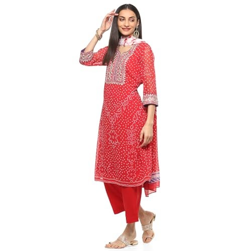 BIBA Women Polyester PRINTED STRAIGHT SALWAR KURTA DUPATTA(SKD9604_RED_40) - Image 2