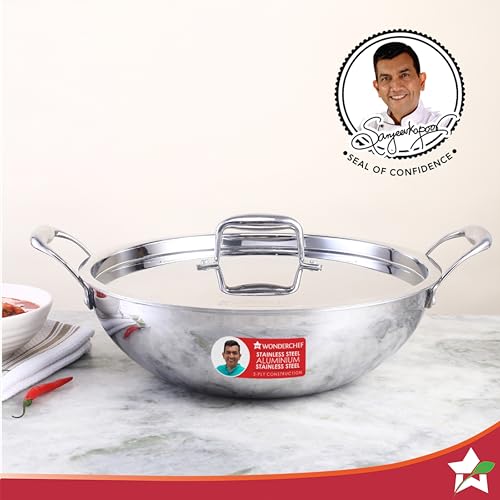 Wonderchef Nigella Tri-ply Stainless-Steel Kadhai with Lid 28cm for Kitchen, 1.5L, Non-Toxic, Chemical & PFOA Free, Gas Stove & Induction Friendly, Heavy Bottom, Cool-Touch Handle, 10-Yr Warranty - Image 3