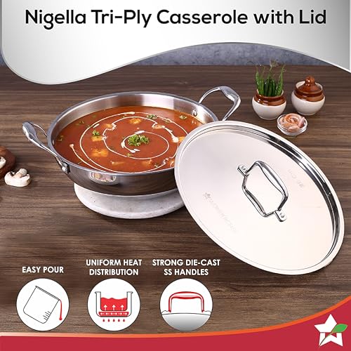 Wonderchef Nigella Tri-ply Stainless-Steel Kadhai with Lid 28cm for Kitchen, 1.5L, Non-Toxic, Chemical & PFOA Free, Gas Stove & Induction Friendly, Heavy Bottom, Cool-Touch Handle, 10-Yr Warranty - Image 5
