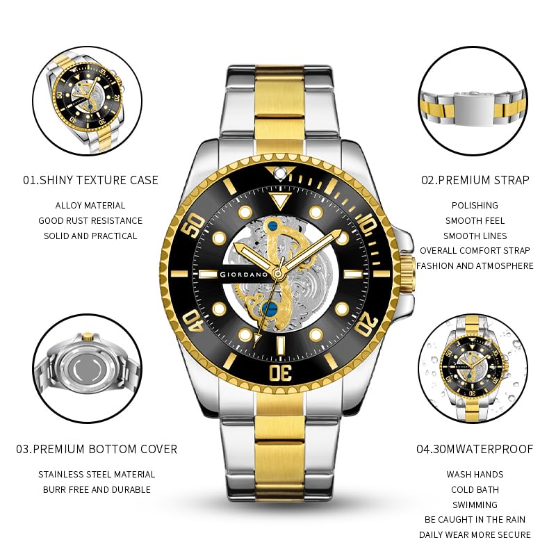 Giordano Analog Watch for Men– Skeleton Dial, Rotating Bezel, Two-Tone Stainless Steel Strap - Image 5