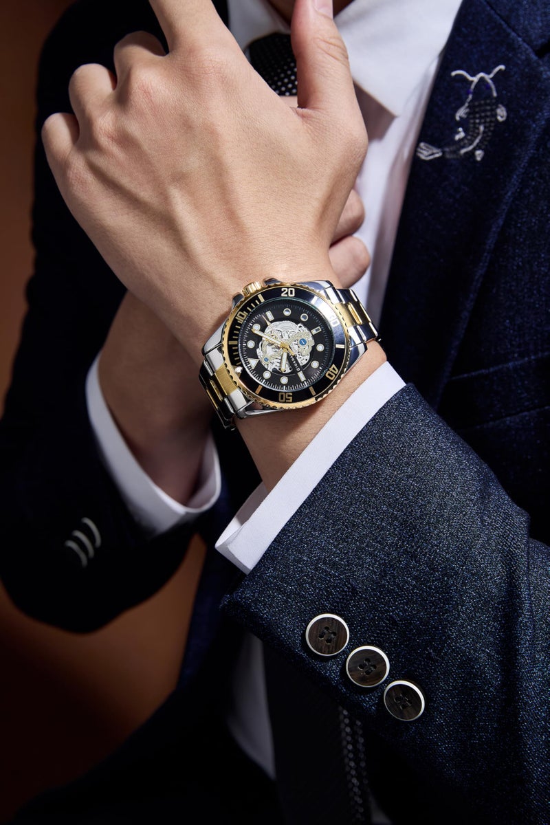 Giordano Analog Watch for Men– Skeleton Dial, Rotating Bezel, Two-Tone Stainless Steel Strap - Image 2