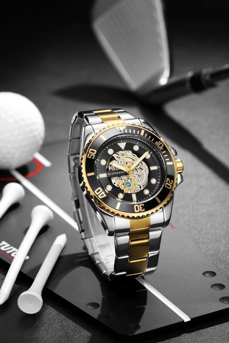 Giordano Analog Watch for Men– Skeleton Dial, Rotating Bezel, Two-Tone Stainless Steel Strap - Image 3