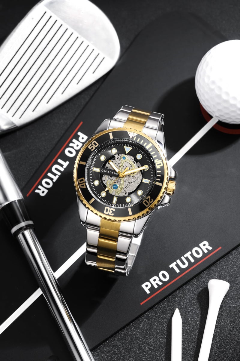 Giordano Analog Watch for Men– Skeleton Dial, Rotating Bezel, Two-Tone Stainless Steel Strap - Image 4