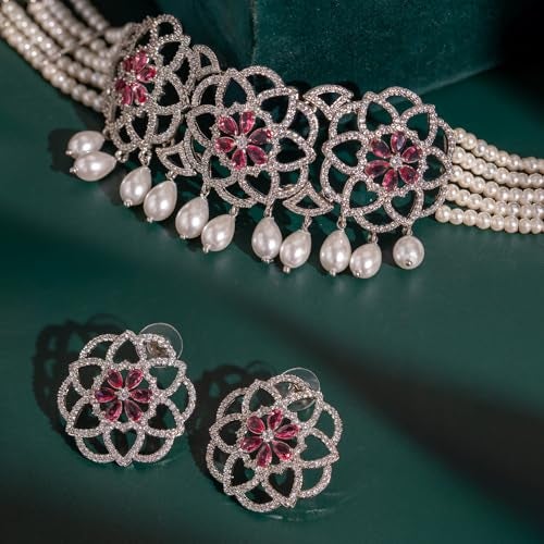 VOYLLA Halo Essence Mandala Floral Choker Necklace Set, American Diamond, Western, Cocktail, Party, Gift For Her - Image 2
