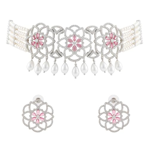 VOYLLA Halo Essence Mandala Floral Choker Necklace Set, American Diamond, Western, Cocktail, Party, Gift For Her - Image 1