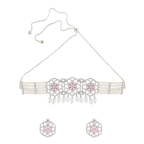 VOYLLA Halo Essence Mandala Floral Choker Necklace Set, American Diamond, Western, Cocktail, Party, Gift For Her - Image 4