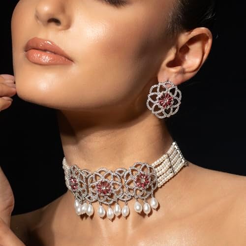 VOYLLA Halo Essence Mandala Floral Choker Necklace Set, American Diamond, Western, Cocktail, Party, Gift For Her - Image 3