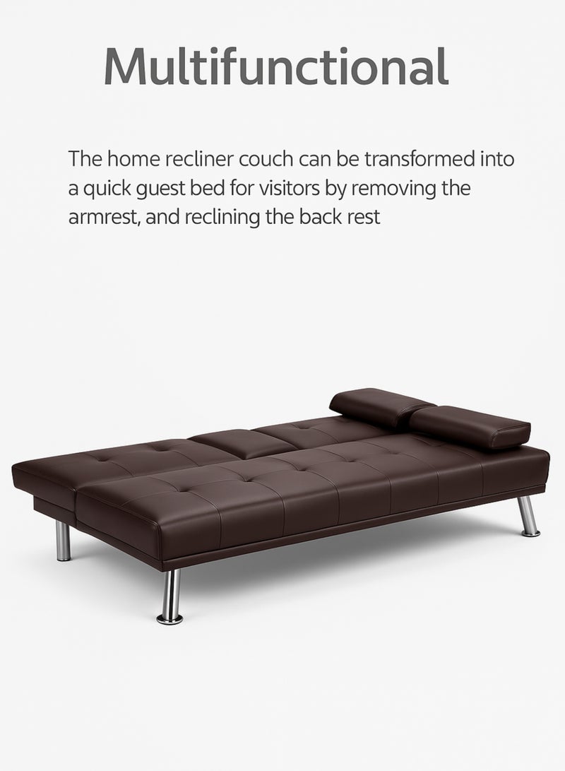 KUSTOMDECO Convertible Faux Leather Sofa Cum Bed Modern 3-Seater Recliner with Adjustable Backrest  Dark Brown Sleeper Couch with Pillows for Living Room, Apartment, or Guest Room - Image 5