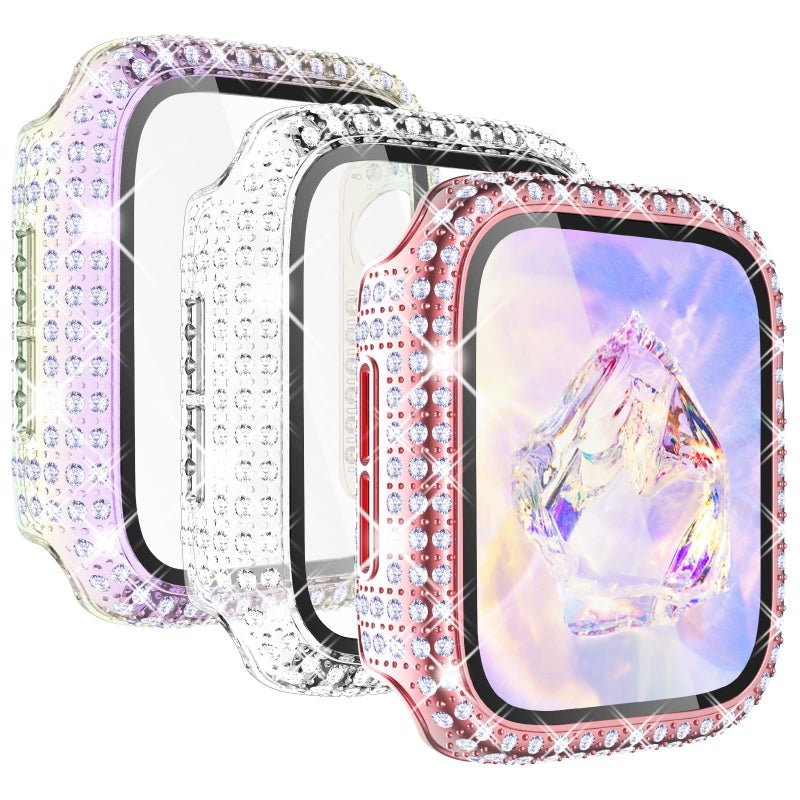 KADES 3-Pack Bling Cases Compatible with Apple Watch Case 38mm Full Diamond with Built-in Screen Protector for Apple Watch Series 3 2 1 (38mm, Pink/Iridescent/Clear) - Image 1