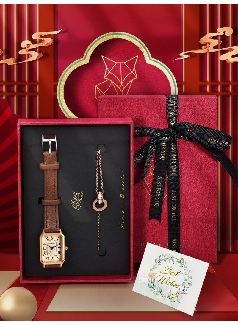 QUARTZ Vintage Brown Watch & Rose Gold Bracelet Gift Set with Greeting Card - Elegant Brown Leather Strap & Luxury Presentation Box - Image 1