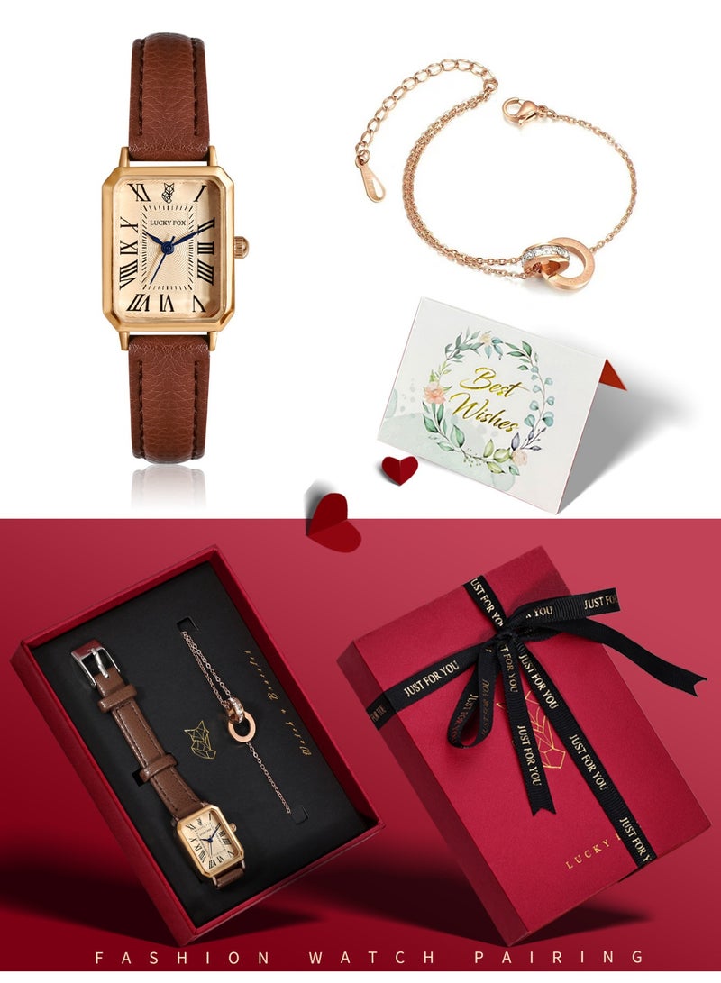 QUARTZ Vintage Brown Watch & Rose Gold Bracelet Gift Set with Greeting Card - Elegant Brown Leather Strap & Luxury Presentation Box - Image 3
