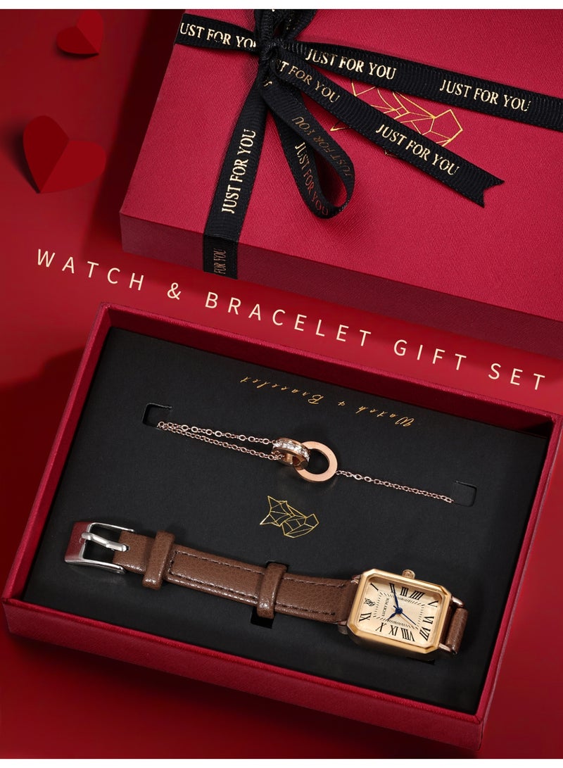 QUARTZ Vintage Brown Watch & Rose Gold Bracelet Gift Set with Greeting Card - Elegant Brown Leather Strap & Luxury Presentation Box - Image 2