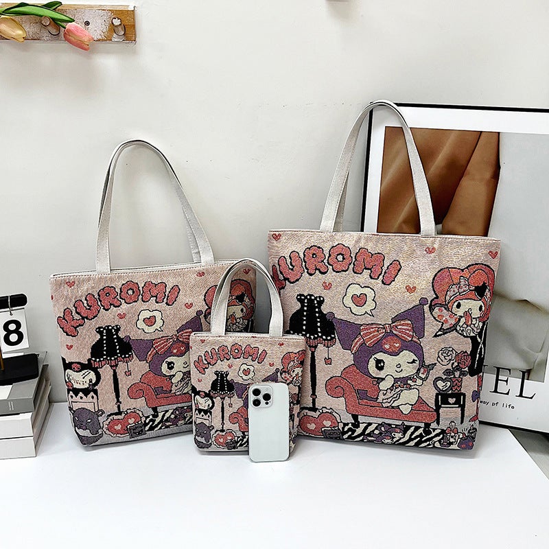 Sanrio Kulomi Double-Sided Gold Silk Jacquard Embroidered Cloth Bag Large Capacity Mummy Bag Art Student Shoulder Bag - Image 2