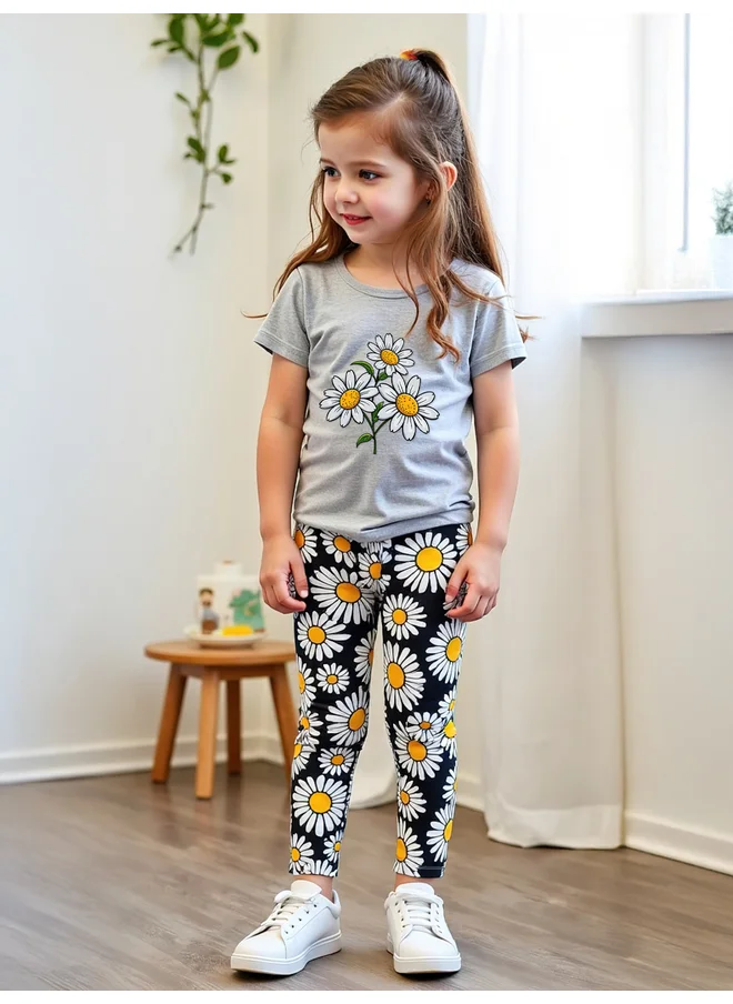 تايك تو Take Two Kids 2pcs Graphic Print Short Sleeve T-Shirt and Flora Print Leggings