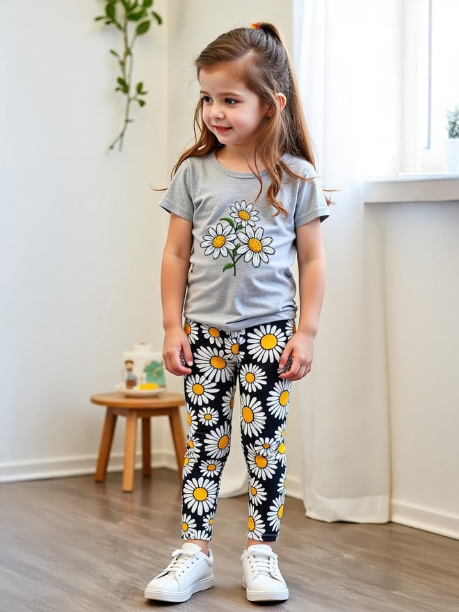 Styli Styli Kids 2pcs Graphic Print Short Sleeve T-Shirt and Flora Print Leggings - Image 2