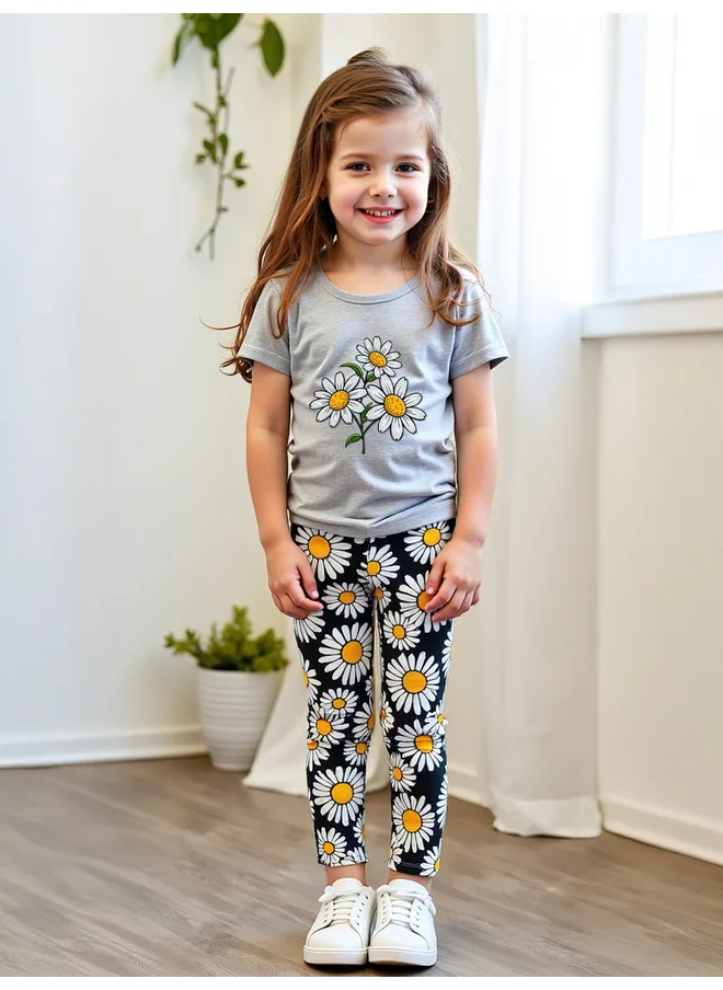 تايك تو Take Two Kids 2pcs Graphic Print Short Sleeve T-Shirt and Flora Print Leggings