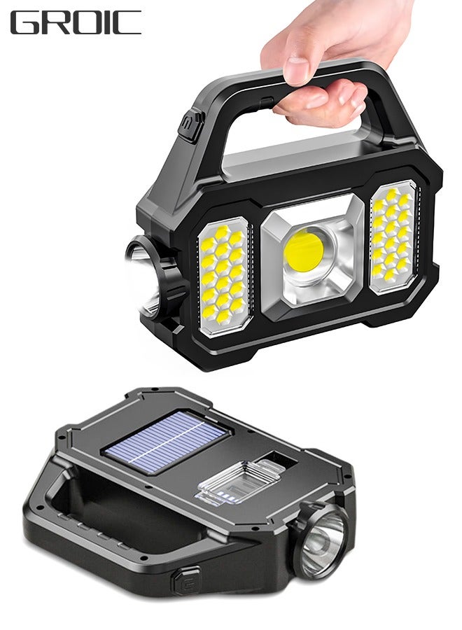 Solar Handheld Flashlight with USB Emergency Power Bank, 6 Modes Rechargeable Multifunction Lights Super Bright LED Searchlight, Lightweight Waterproof Portable for Fishing Outdoor Camping