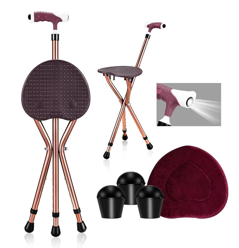 BSROZKI Folding Lightweight Walking Stick Cane with Seat Foldable Golf Chair Cane Stool Portable Seats for Seniors Spectator Heavy Duty 350 lbs Capacity