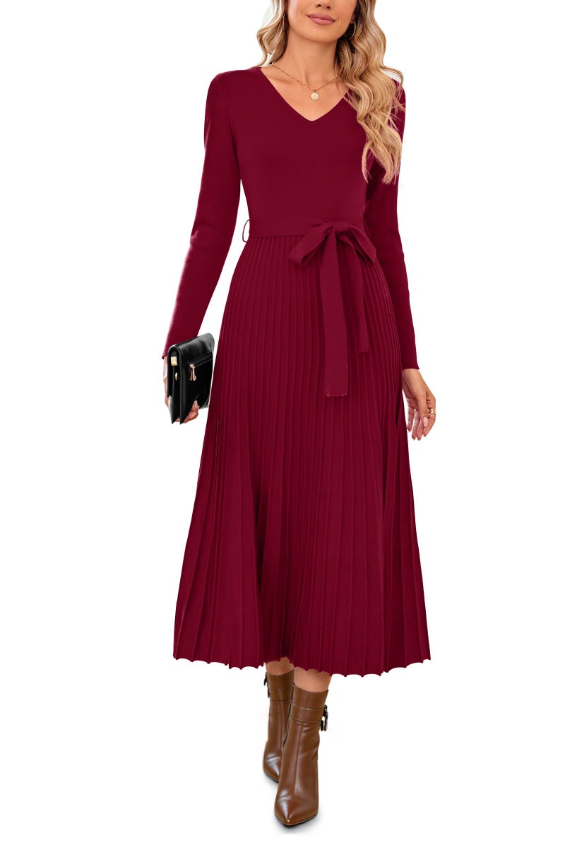 Arach&Cloz Fall Winter Womens Sweater Dress 2025 Long Sleeve V Neck Cashmere Ribbed Knit Tie Waist Pleated A Line Pullover Fashion Belt Midi Clothes Red Wine - Image 1