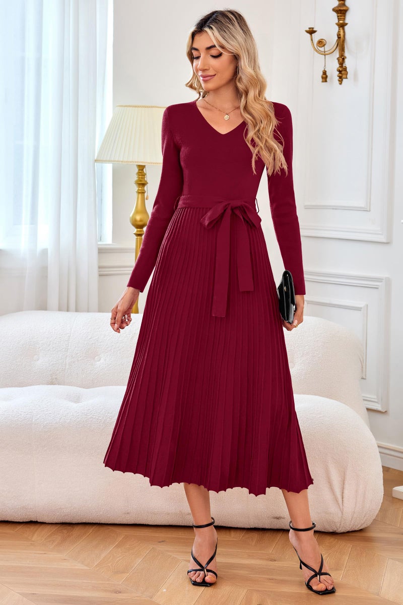 Arach&Cloz Fall Winter Womens Sweater Dress 2025 Long Sleeve V Neck Cashmere Ribbed Knit Tie Waist Pleated A Line Pullover Fashion Belt Midi Clothes Red Wine - Image 3