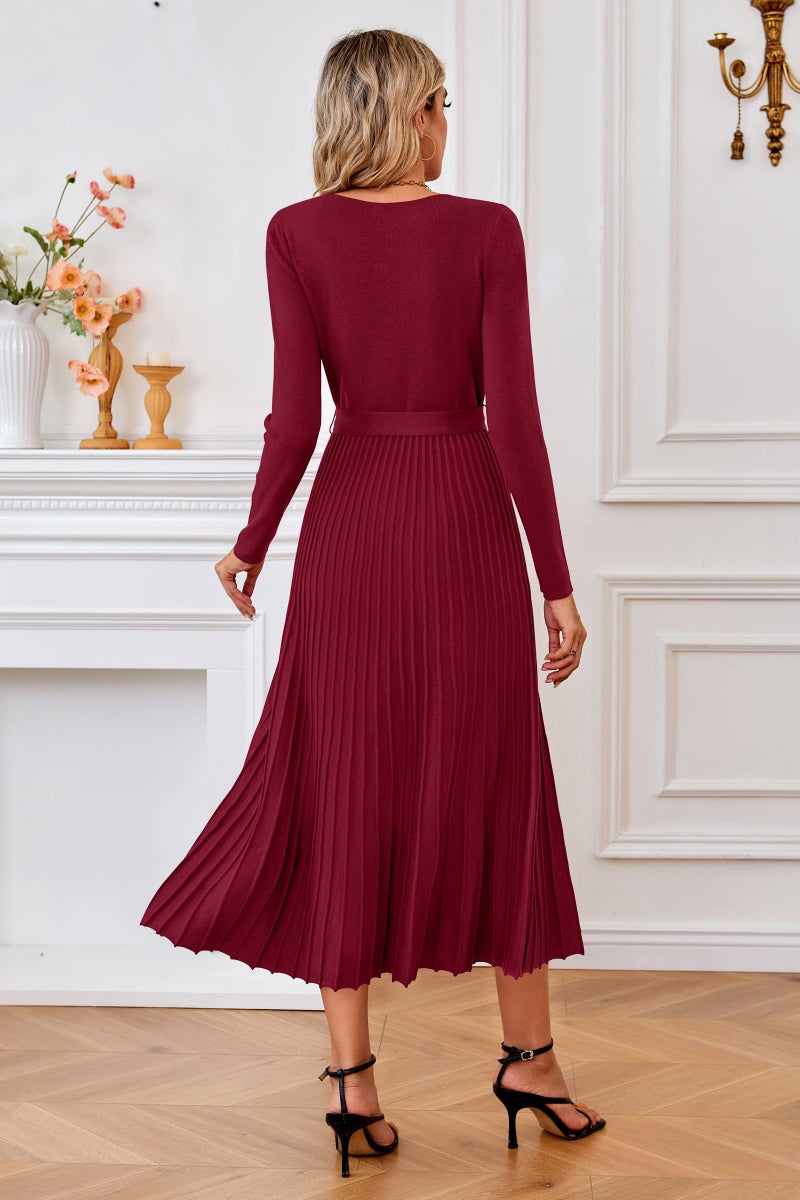 Arach&Cloz Fall Winter Womens Sweater Dress 2025 Long Sleeve V Neck Cashmere Ribbed Knit Tie Waist Pleated A Line Pullover Fashion Belt Midi Clothes Red Wine - Image 4