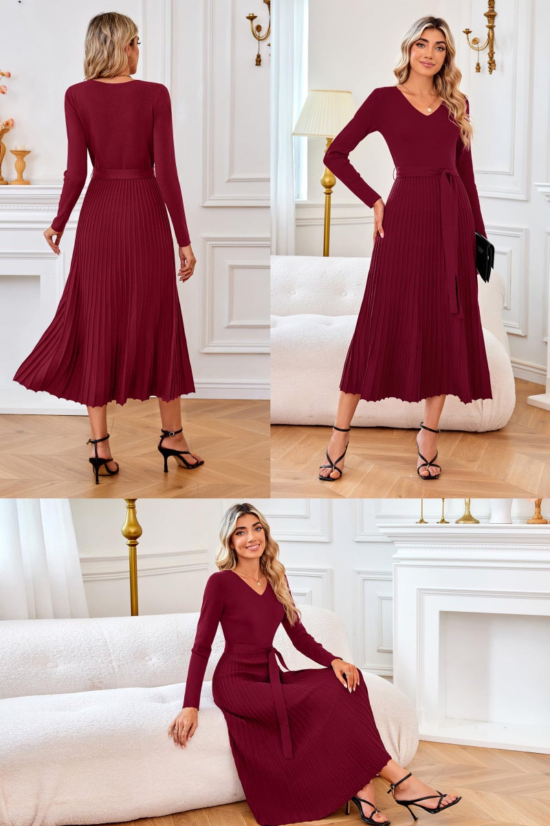Arach&Cloz Fall Winter Womens Sweater Dress 2025 Long Sleeve V Neck Cashmere Ribbed Knit Tie Waist Pleated A Line Pullover Fashion Belt Midi Clothes Red Wine - Image 2