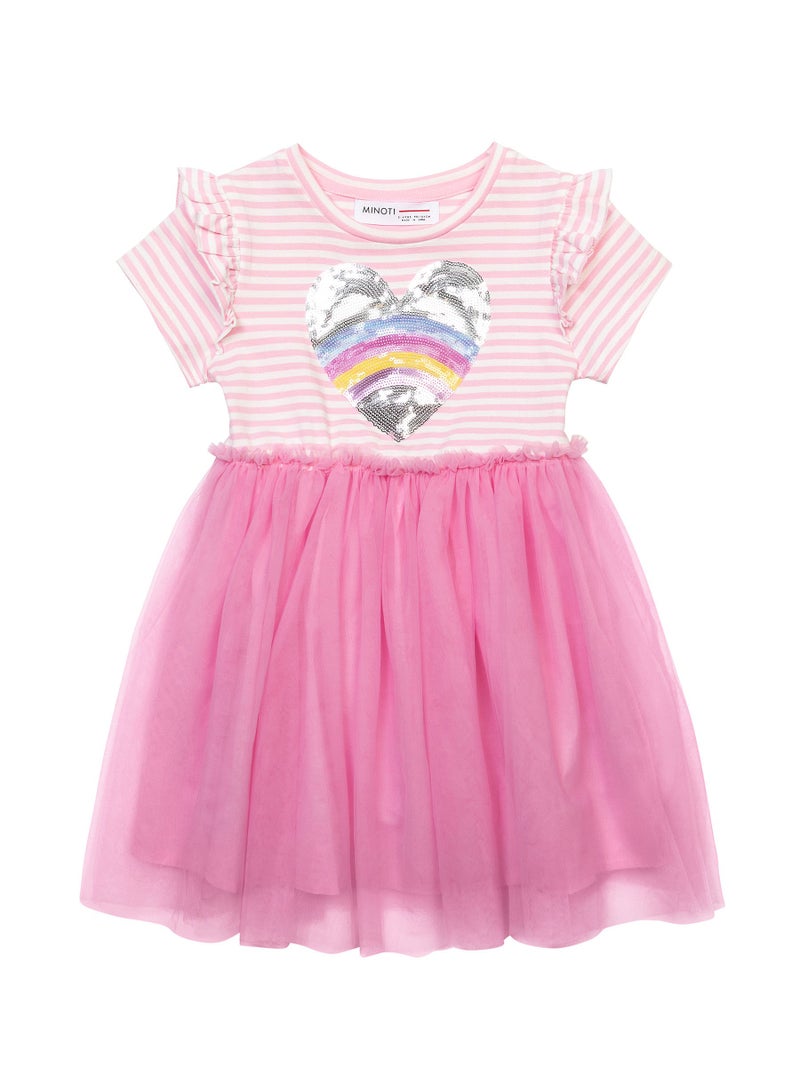 MINOTI Kids Girls Dress with Sequin Print Frill Sleeves and Tulle  - Image 1