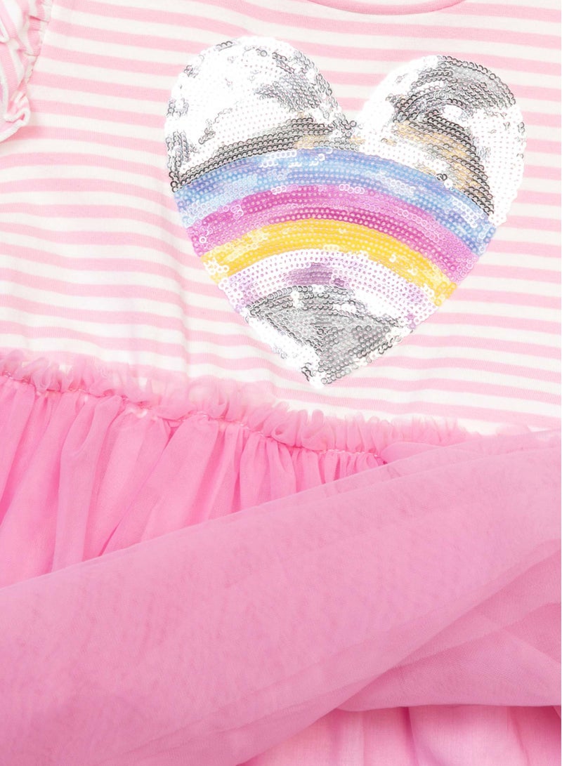 MINOTI Kids Girls Dress with Sequin Print Frill Sleeves and Tulle  - Image 3