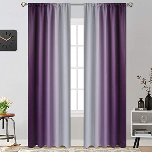Yakamok Purple and Greyish White Rod Pocket Ombre Curtains, Light Blocking Gradient Color Curtains, Room Darkening Thermal Insulated Window Drapes for Living Room/Bedroom(2 Panels, 52W x 84L Inch) - Image 1