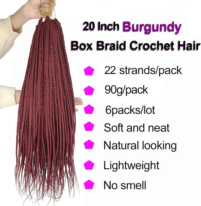 Chicmoi Box Braid Crochet Hair 20 Inch Burgundy Crochet Box Braids BUG Pre Looped Goddess Box Braids Crochet Hair 6 Packs Medium Size Burgundy Red Crochet Braids for Black Women(20in box braids 6 packs, BUG) - Image 2
