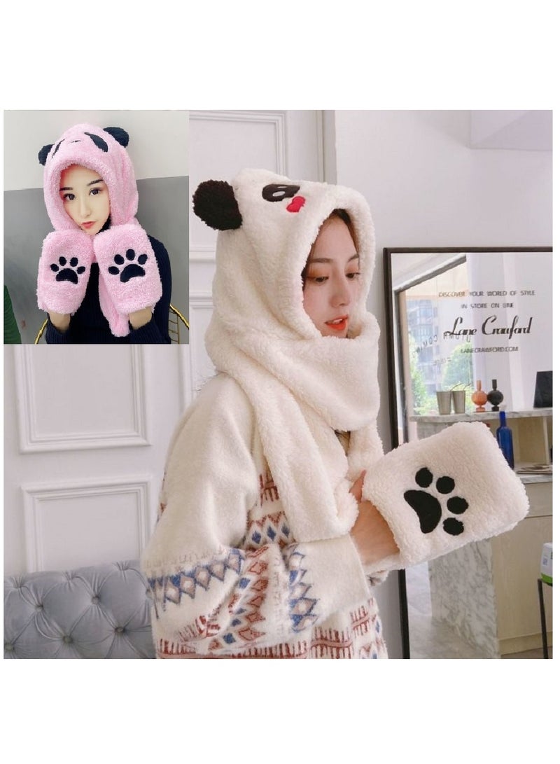 3 In 1 Multi-functional Women Hot Pink Fancy TWO Piece Cute Bear Winter Fur Hats Set With Scarf Mittens  - Image 1