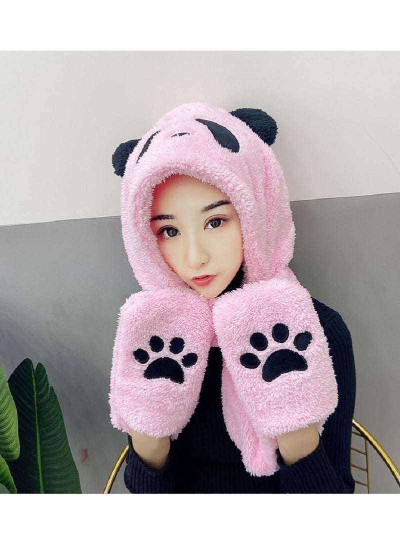 3 In 1 Multi-functional Women Hot Pink Fancy TWO Piece Cute Bear Winter Fur Hats Set With Scarf Mittens  - Image 3