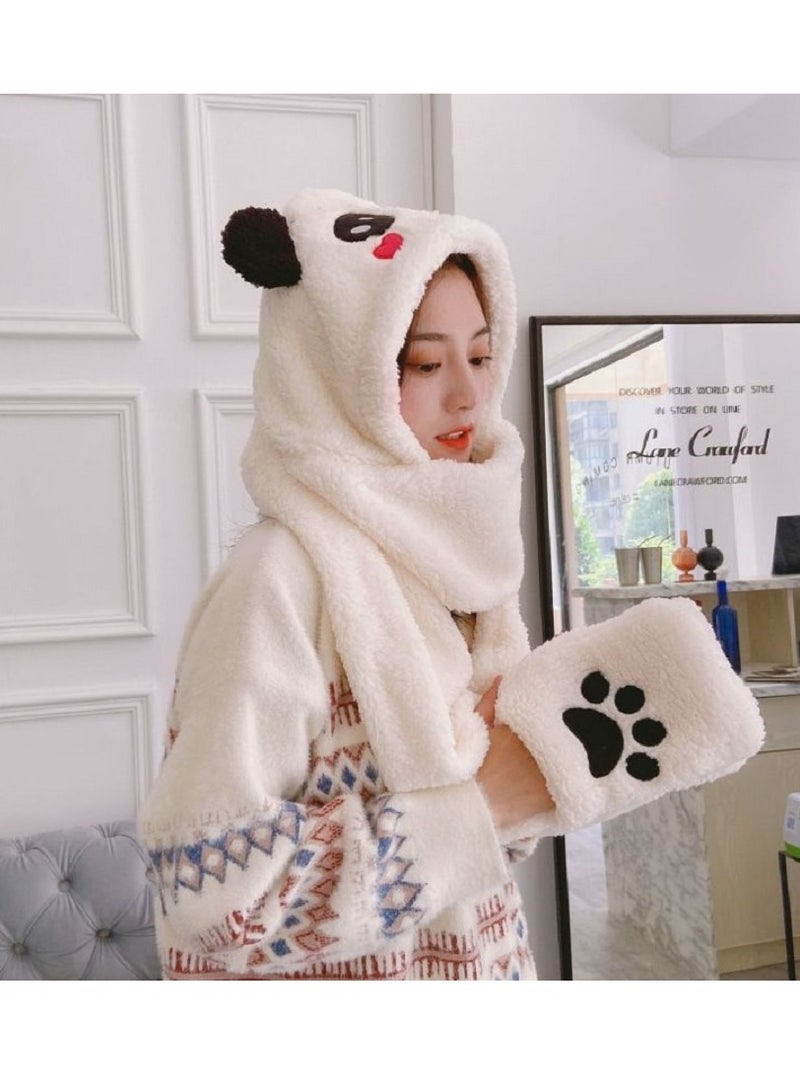 3 In 1 Multi-functional Women Hot Pink Fancy TWO Piece Cute Bear Winter Fur Hats Set With Scarf Mittens  - Image 2