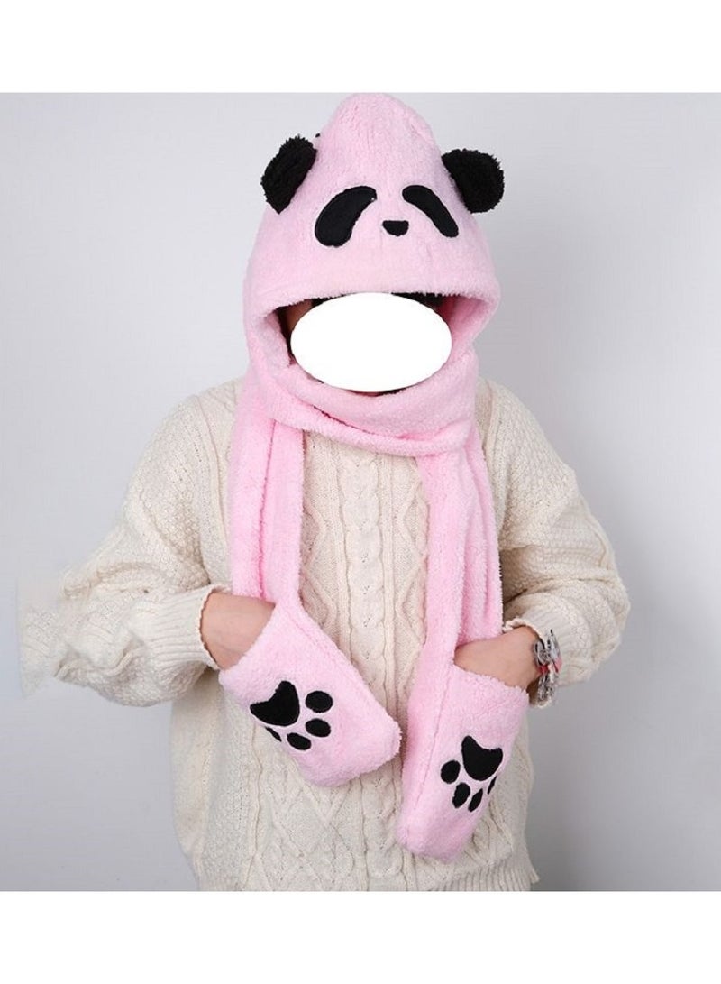 3 In 1 Multi-functional Women Hot Pink Fancy TWO Piece Cute Bear Winter Fur Hats Set With Scarf Mittens  - Image 4