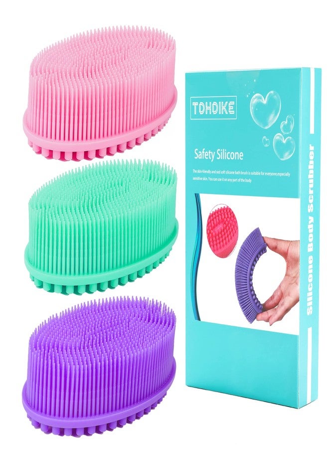 TDHDIKE Silicone Body Scrubber Loofah - Set of 3 Soft Exfoliating Body Bath Shower Scrubber Loofah Brush for Sensitive Kids Women Men All Kinds of Skin(Purple/Green/Pink) - Image 1