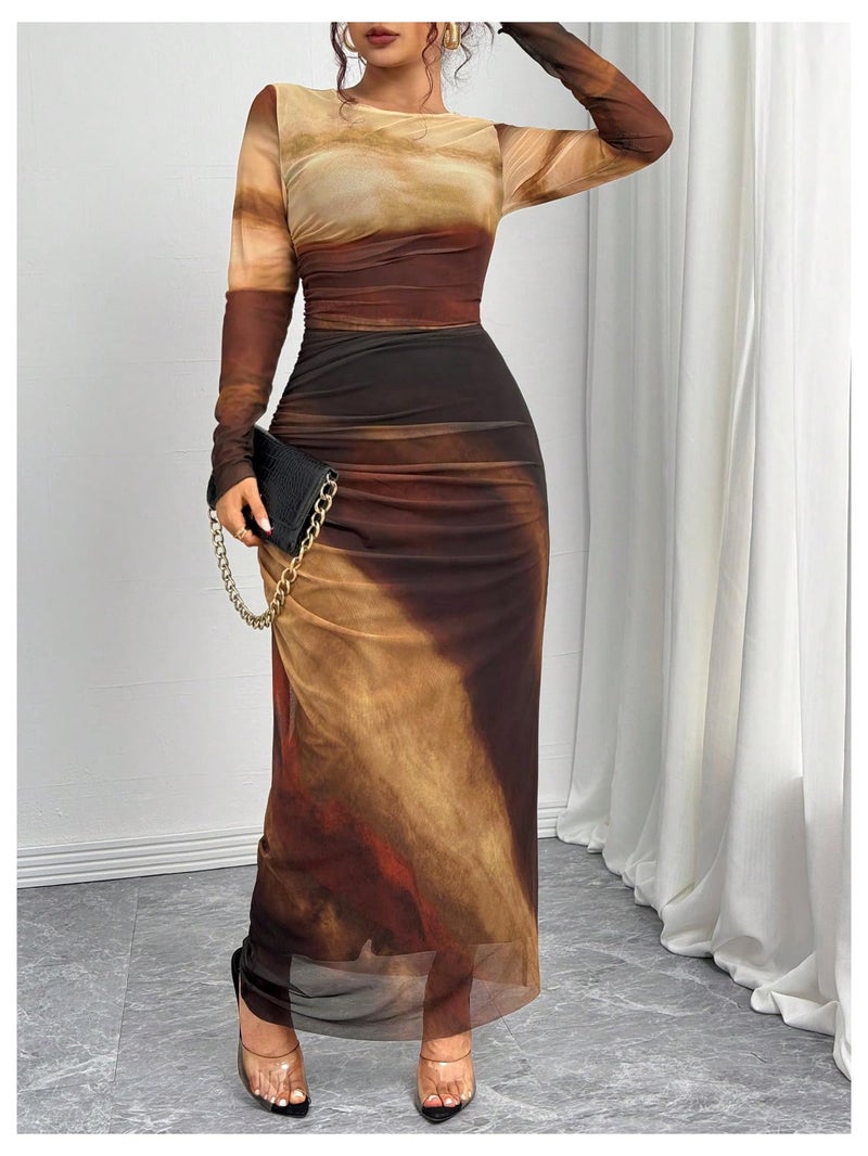BEAUDRM Women's Fall Wedding Guest Dress Long Sleeve Cocktail Date Night Sexy Y2K Bodycon Ruched Mesh Formal Maxi Dresses Ginger Large - Image 5