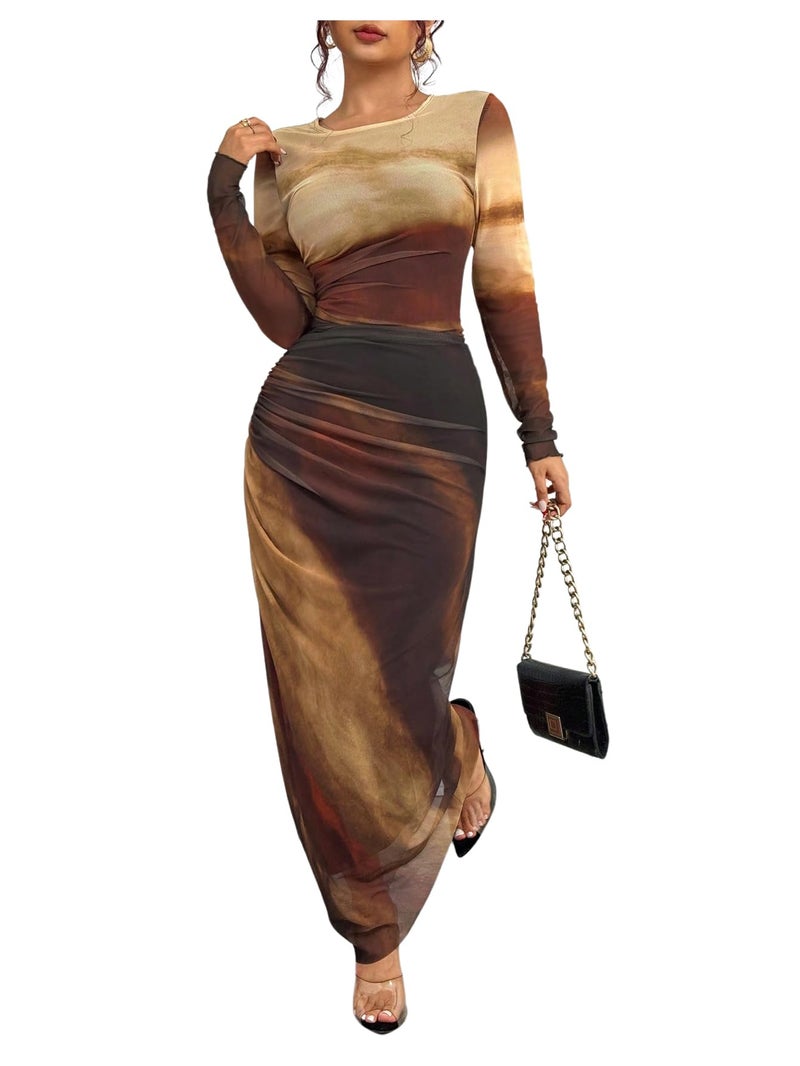 BEAUDRM Women's Fall Wedding Guest Dress Long Sleeve Cocktail Date Night Sexy Y2K Bodycon Ruched Mesh Formal Maxi Dresses Ginger Large - Image 1