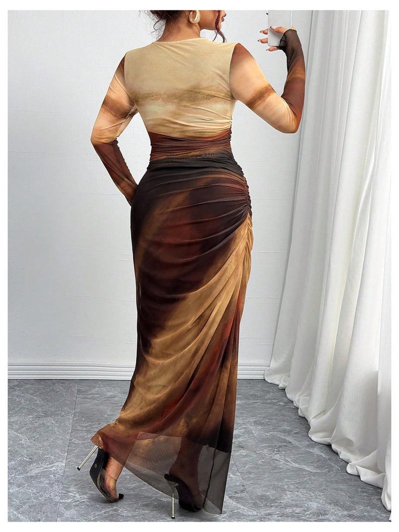 BEAUDRM Women's Fall Wedding Guest Dress Long Sleeve Cocktail Date Night Sexy Y2K Bodycon Ruched Mesh Formal Maxi Dresses Ginger Large - Image 2