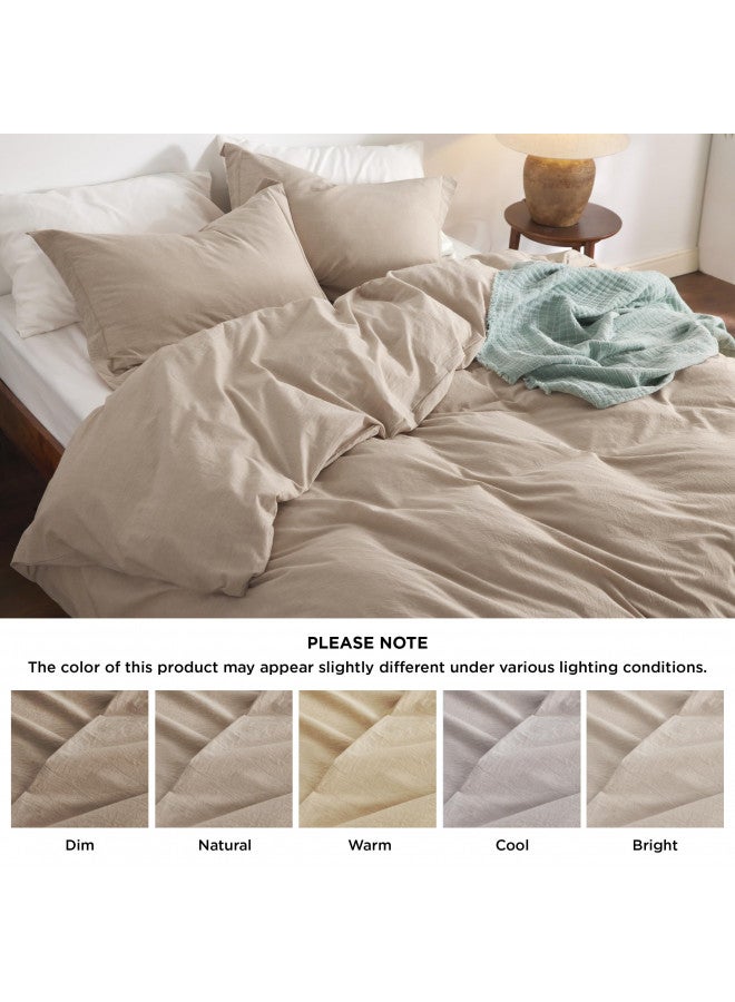 Bedsure Bedsure 100% Washed Cotton Duvet Cover Queen - Warm Sand Minimalist Duvet Cover Set Linen Like - 3 Pieces Plain Simple Cotton Duvet Cover Set with 2 Pillow Shams (Warm Sand, Queen, 90"x90")  - Image 4
