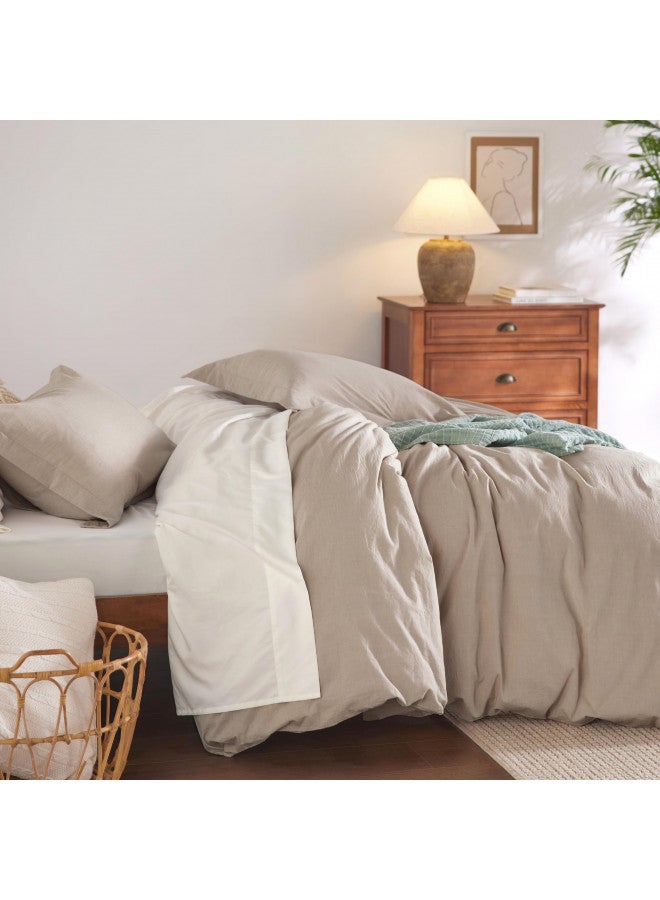 Bedsure Bedsure 100% Washed Cotton Duvet Cover Queen - Warm Sand Minimalist Duvet Cover Set Linen Like - 3 Pieces Plain Simple Cotton Duvet Cover Set with 2 Pillow Shams (Warm Sand, Queen, 90"x90")  - Image 1
