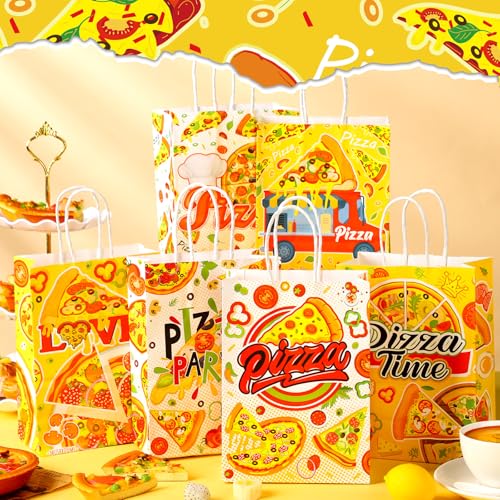 Sinload 24 Pcs Pizza Party Favors Paper Gift Bags with Handle Decorations Pizza Candy Goodie Treat Bags Large Birthday Party Supplies for Baby Shower, 6 Styles - Image 3