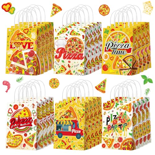 Sinload 24 Pcs Pizza Party Favors Paper Gift Bags with Handle Decorations Pizza Candy Goodie Treat Bags Large Birthday Party Supplies for Baby Shower, 6 Styles - Image 1