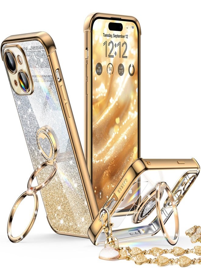 XYZ جراب XYZ لهاتف iPhone 15 مع حامل، جراب هاتف مع مسند حلقي مزدوج، جراب واقٍ فاخر على شكل قلب لطيف للنساء والفتيات لهاتف iPhone 15 مقاس 6.1 بوصة، ذهبي - Image 1