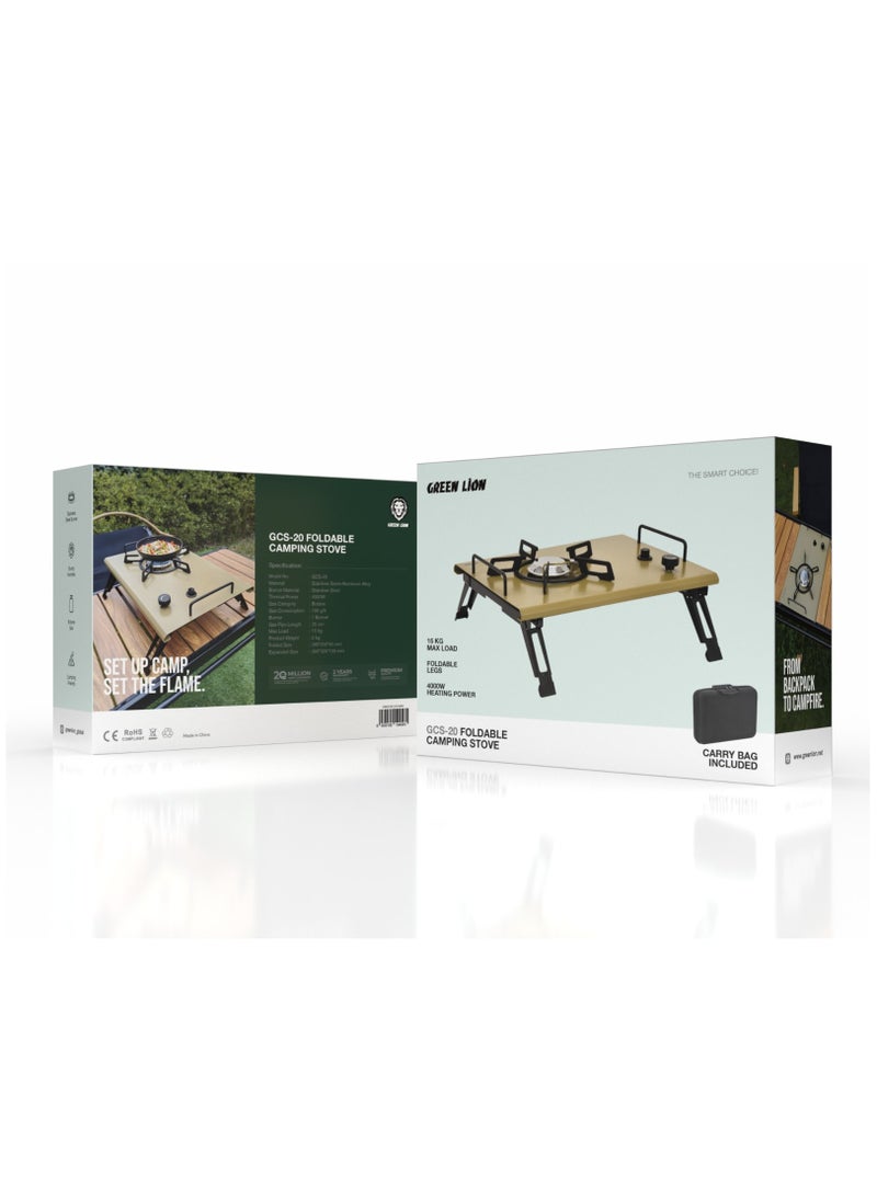 GREEN LION GCS-20 Foldable Camping Stove with Carry Bag / 4000W Heating Power / Stainless Steel Burner / Sturdy Handles - Khaki  - Image 3