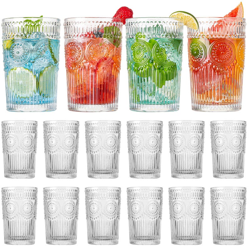 wookgreat Vintage Drinking Glasses Set of 12 Textured Clear Striped Glass Cups Ribbed Glassware Set Tall Water Glass Tumblers Mojito Cups Cocktail Glass Iced Coffee Cup Bar Glassware